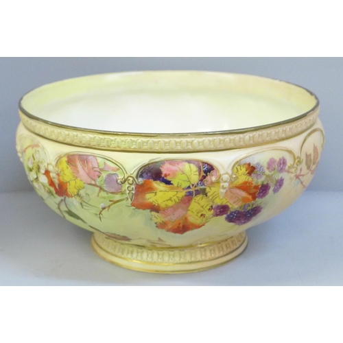 641 - A large Royal Worcester fruit bowl, 1896, pattern no. 1453, decorated with autumn berries and fruit ... 