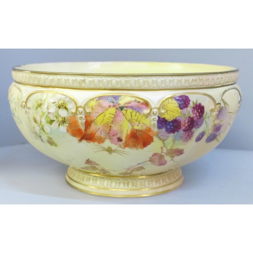 641 - A large Royal Worcester fruit bowl, 1896, pattern no. 1453, decorated with autumn berries and fruit ... 