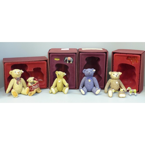 674 - Four Steiff porcelain Teddy bears, Lavender, 1904 Barle, Brown Tipped (legs loose) and Millennium, b... 