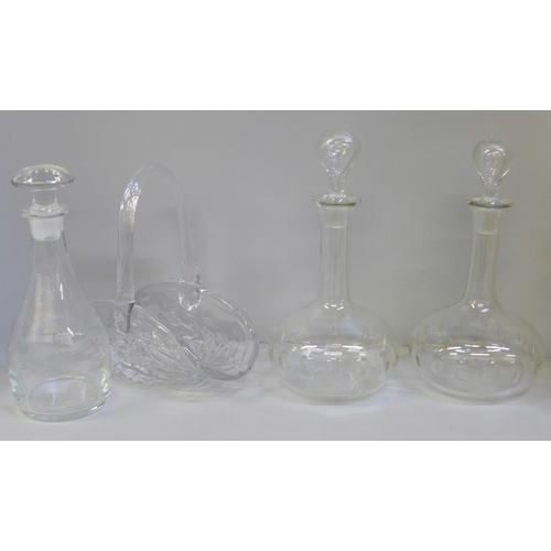 675 - A Brierley crystal basket, a pair of glass decanters and one other **PLEASE NOTE THIS LOT IS NOT ELI... 