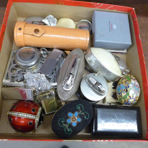 676 - Miscellaneous items including lighters, compact, folding cup, etc.