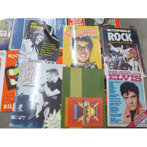 697 - A collection of books and records including many rock n roll, Here's Little Richard, Volume 2, Chuck... 