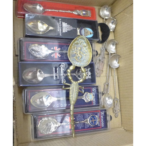 706 - A collection of souvenir spoons, two boxed sets of silver plated spoons, an enamelled cruet set and ... 