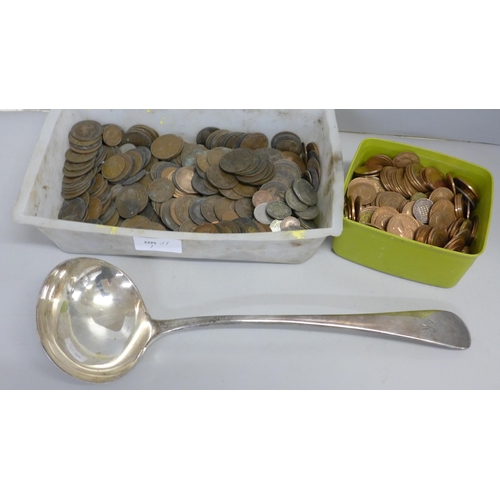 727 - A collection of British and foreign coins, together with a silver plated Walker and Hall ladle