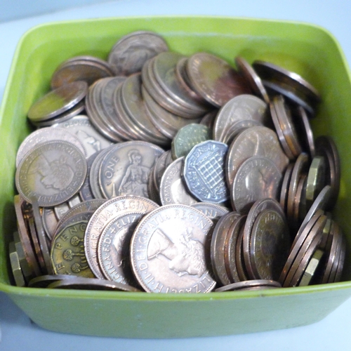 727 - A collection of British and foreign coins, together with a silver plated Walker and Hall ladle