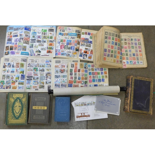 732 - A collection of six stamp albums, first day covers, five hard back books, Marmion, Boswells Life of ... 