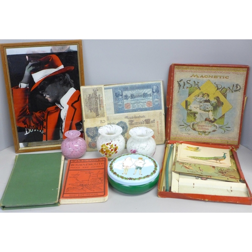 746 - A collection of items including a David Bowie printed mirror, three pieces of Maltese glass from Mdi... 