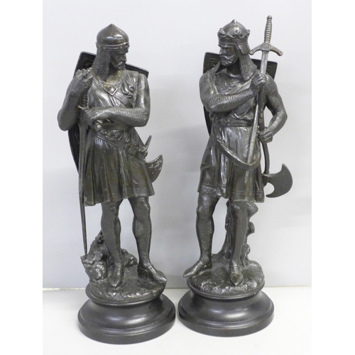 755 - A pair of spelter figures of Richard I, holding an axe and holding a long sword, with mail armour, 3... 