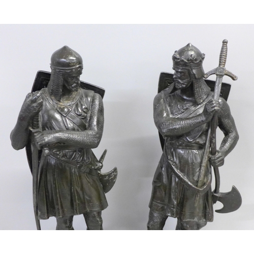 755 - A pair of spelter figures of Richard I, holding an axe and holding a long sword, with mail armour, 3... 