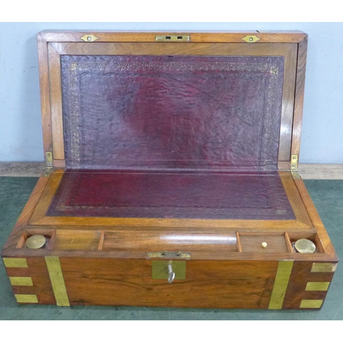 758 - A 19th Century brass bound and burr walnut writing slope with a pair of ink bottles