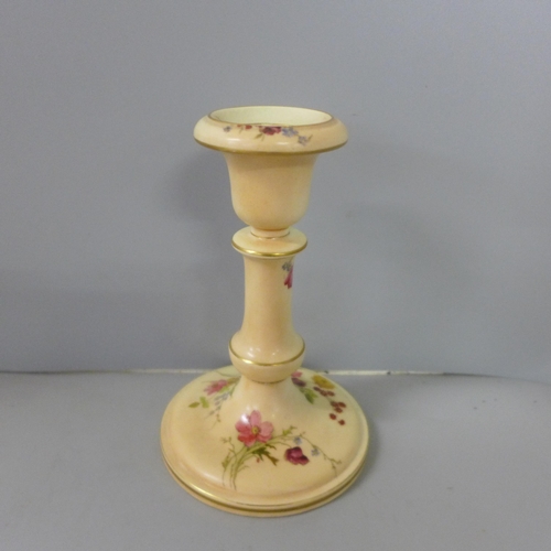 766 - A Royal Worcester dressing table set, blush ivory with floral detail including a pair of candlestick... 