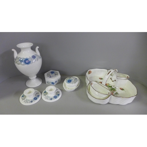 767 - Two Hummel figures, a Wedgewood Clementine dressing table set comprising of a vase, two candle holde... 