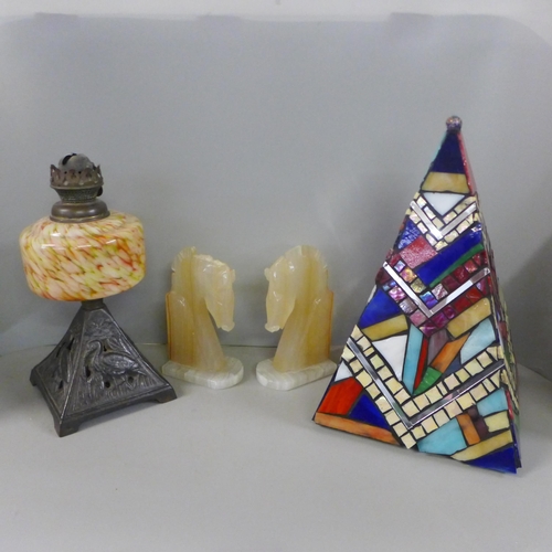 774 - A decorative mosaic glass pyramid, glass jam jar, EP lid with spoon, an oil lamp, a/f and a pair of ... 