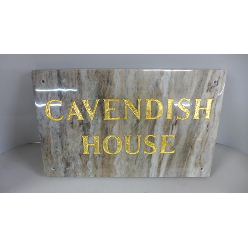 775 - A marble sign marked 'Cavendish House' in gilt lettering, 42cm x 26cm