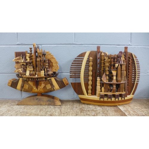 776 - Two large hand made carved and glued models of ships, largest 54cm wide