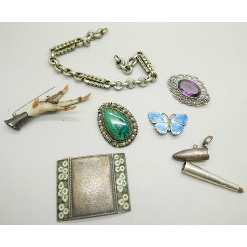 990 - A silver and enamel butterfly brooch, a silver and green stone brooch marked 935 on reverse, a belt ... 