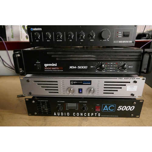 2101 - A quantity of stereo equipment - a Gemini XGA-5000 power amplifier, a QTX Sound Pro 600 amplifier, a... 