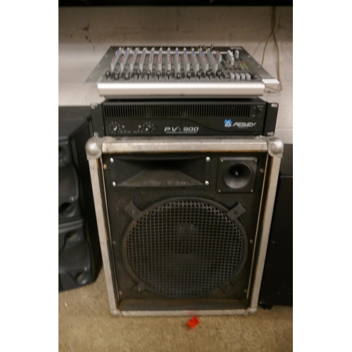 2122A - A quantity of stereo equipment including a Eurorack UB2442FX-Pro mixer deck, a Peavey PV-900 power a... 