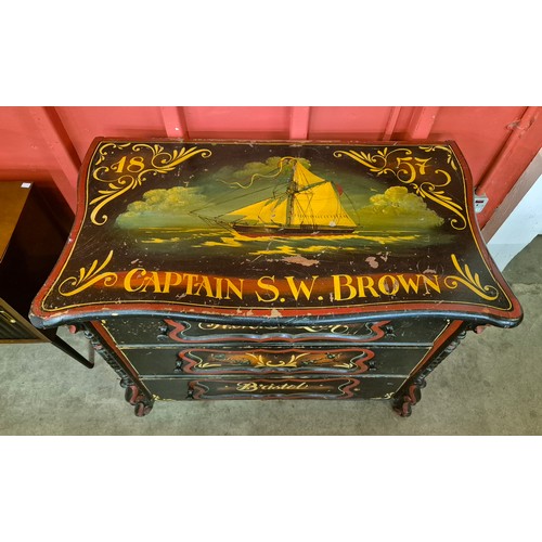 148 - A 19th Century painted pine ship's chest, bearing inscription; 1857, Captain S.W. Brown, H.M.S. Lion... 