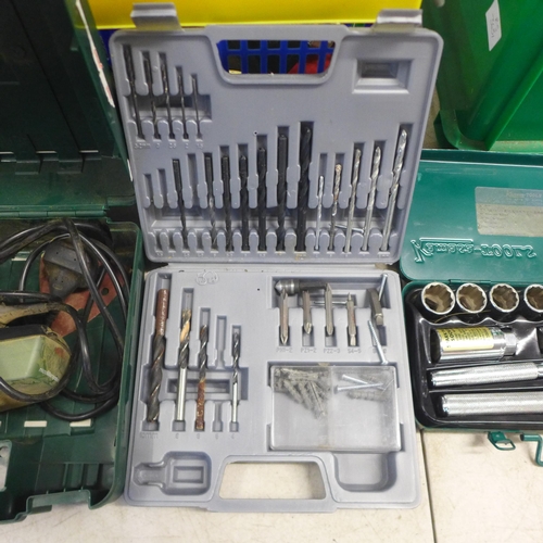 2008 - 2 boxes of assorted hand tools including Bosch PSM 50A multi sander, drill bit sets, spirit level, K... 