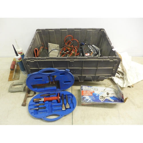 2013 - 2 Boxes of assorted hand tools including spanners, point set, a Clarke locking welding clamp set, V-... 
