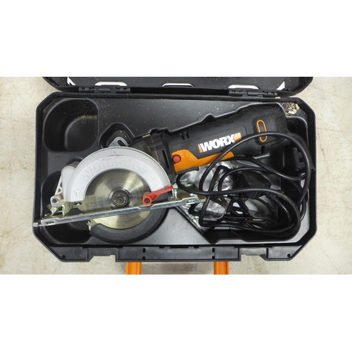 2018 - A Worx WX439 500w Worxsaw XL with tool case and a Bosch PSB1800 L1-2 18v cordless power drill with b... 