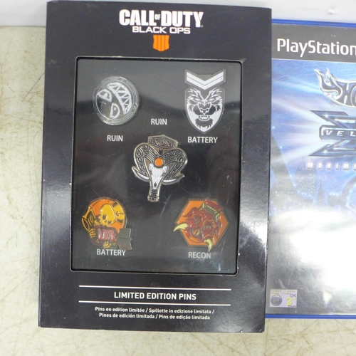 2081 - 3 PlayStation 2 games, a Call of Duty MW3 Hardened Edition pack and Black Ops 4 pin set