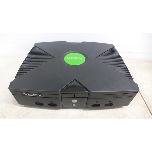 2084 - A boxed original XBOX console with three controllers