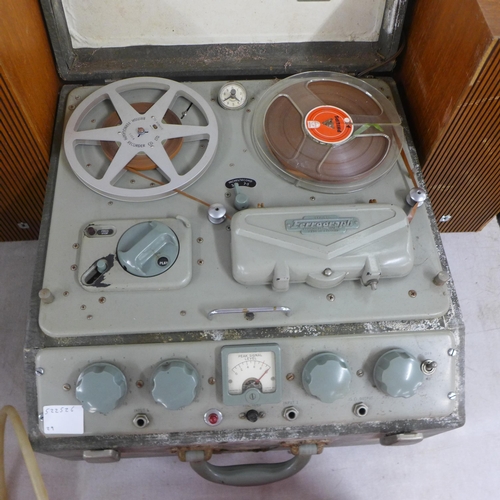 2093 - A Ferrograph type 4A 4/20657 reel to reel and 17 record tapes plus a pair of vintage stereo speakers