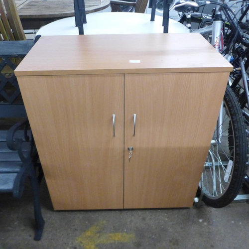 2156 - A quantity of office furniture including a circular table, 3 stack-able chairs and lockable cabinet ... 