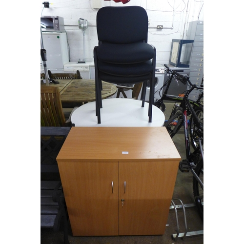 2156 - A quantity of office furniture including a circular table, 3 stack-able chairs and lockable cabinet ... 