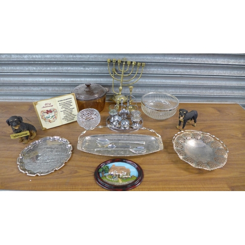 2310 - A collection of mixed metalware, glassware and other items including serving plates, serving bowls, ... 