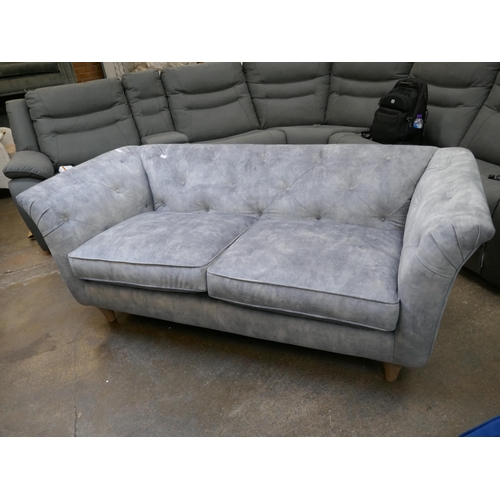 1420 - Silver velvet buttoned three seater sofa