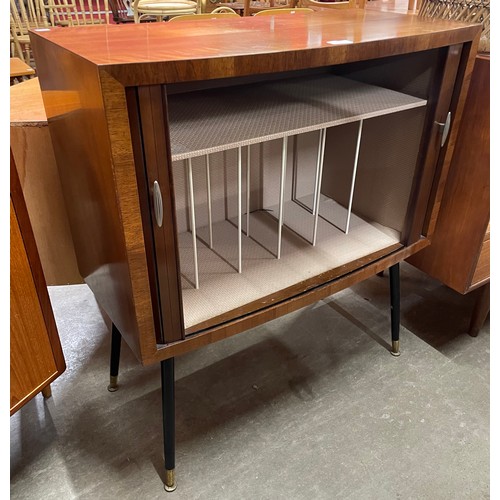 108 - A walnut and black tambour front record cabinet