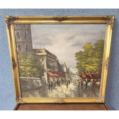 404 - T. Oliver, Parisian street scene, oil on canvas, framed