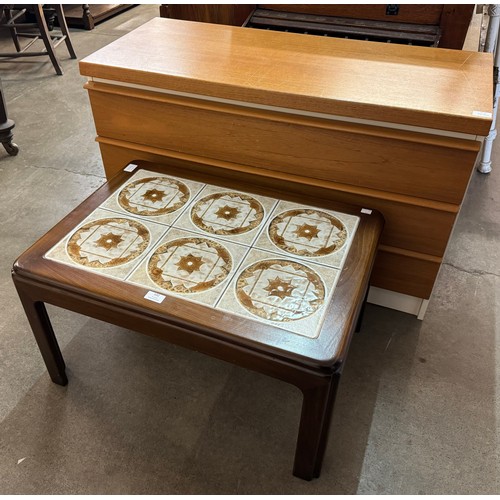 102 - A G-Plan teak and tiled topped coffee table and teak and white laminate chest of drawers