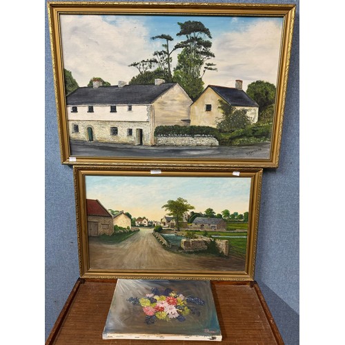 408 - Two oil on canvas, signed S. Hogan, an oil on board, signed DW Davies, 1975, framed