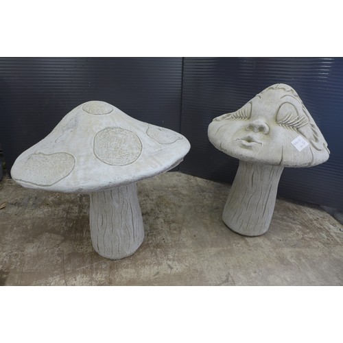 2307 - A pair of stone effect toadstool mushroom garden ornaments