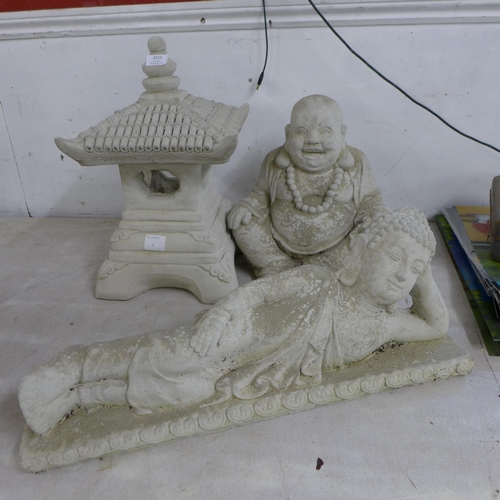 2215 - 2 stone effect concrete Buddha figures and a stone effect concrete oriental style pagoda