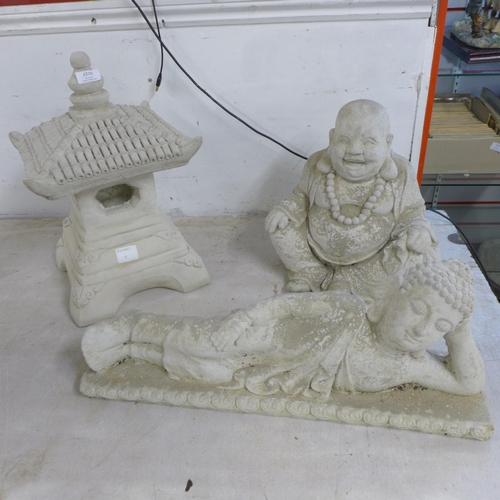 2215 - 2 stone effect concrete Buddha figures and a stone effect concrete oriental style pagoda