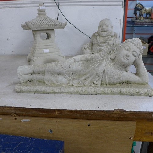 2215 - 2 stone effect concrete Buddha figures and a stone effect concrete oriental style pagoda