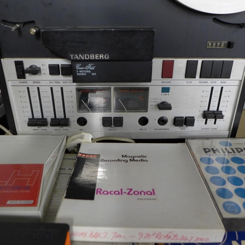 2234 - A Tandberg Crossfield 3 Motors series 10X reel to reel recorder and 9 assorted reel to reel tapes