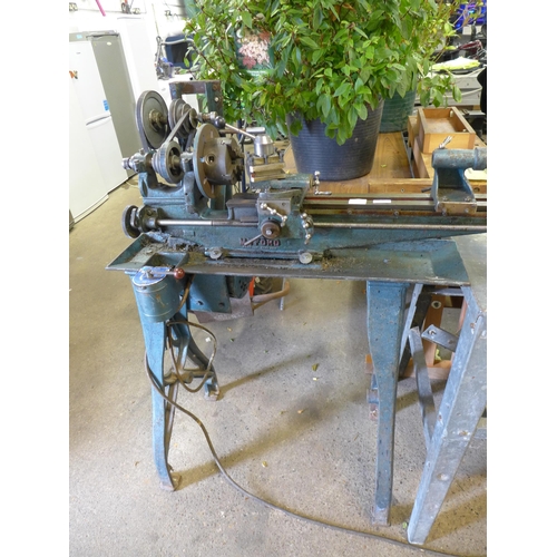 2260 - A Myford ML3 metal working lathe with box of chucks and tooling