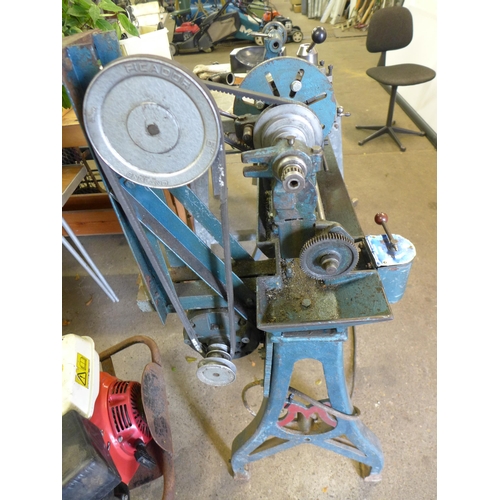 2260 - A Myford ML3 metal working lathe with box of chucks and tooling