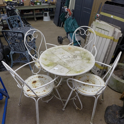 2364 - 4 white metal garden chairs, a table and a parasol and stand