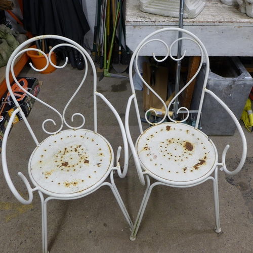 2364 - 4 white metal garden chairs, a table and a parasol and stand