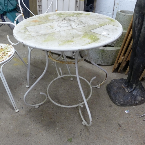 2364 - 4 white metal garden chairs, a table and a parasol and stand