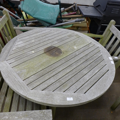 2378 - A Barlow Tyrie genuine plantation teak circular garden table and four Barlow Tyrie teak garden chair... 