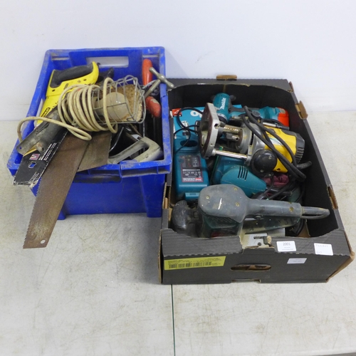 2001 - A quantity of power tools including a DeWalt DW620 230V plunge router, Makita 6280D 14.4V cordless d... 