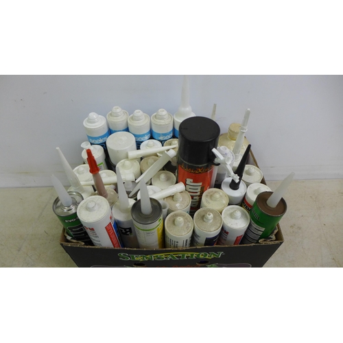 2007 - A box of assorted fillers and sealants including Soudal, Flexy Fix, Evo-Stik, Sealex, Exton EX240, U... 